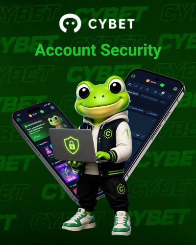 Cybet logo with a frog mascot holding a laptop with a security shield icon between two smartphones displaying the casino app, and the text "Account Security".