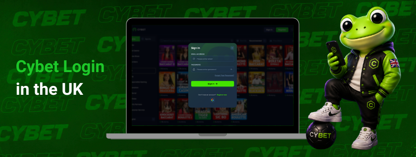 Cybet casino login page on a laptop with the Sign In form open, a frog mascot holding a phone, and the text "Cybet Login in the UK".