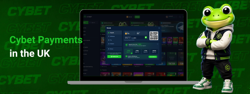 Cybet casino wallet page on a laptop showing a QR code and crypto deposit options, a frog mascot, and the text "Cybet Payments in the UK".