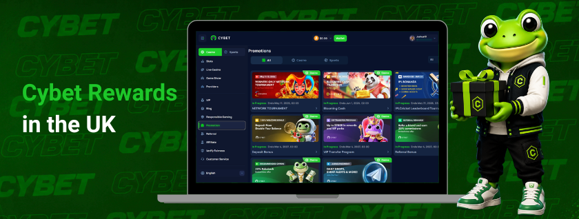 Cybet casino promotions page on a laptop displaying available bonus offers and rewards, a frog mascot, and the text "Cybet Rewards in the UK".