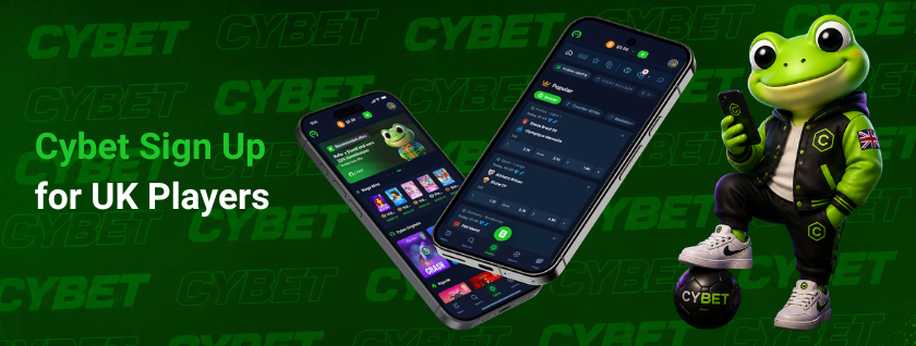 Cybet casino mobile app on two smartphones showing game listings and betting options, a frog mascot holding a phone with a branded football, and the text "Cybet Sign Up for UK Players".
