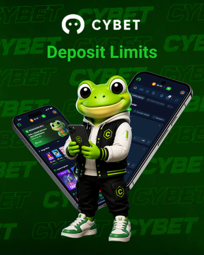 Cybet logo with a frog mascot holding a phone between two smartphones displaying the casino mobile interface, and the text "Deposit Limits".