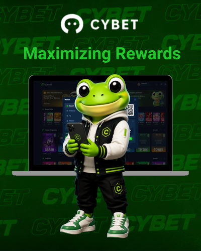 Cybet logo with a frog mascot holding a smartphone in front of a laptop showing the casino platform, and the text "Maximizing Rewards".