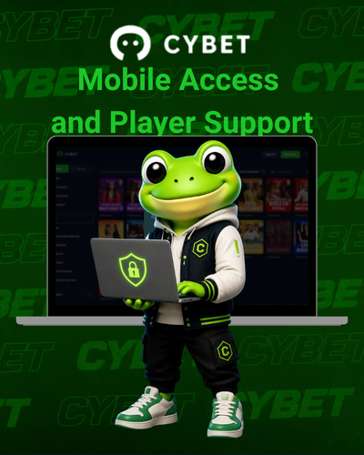 Cybet logo with a frog mascot holding a laptop with a security shield icon, the casino interface visible in the background, and the text "Mobile Access and Player Support".