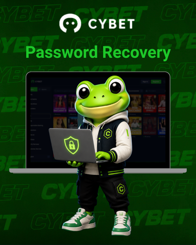 Cybet logo with a frog mascot holding a laptop with a security shield icon, the casino platform in the background, and the text "Password Recovery".