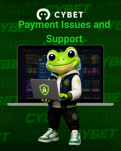 Cybet logo with a frog mascot holding a laptop with a security shield icon, the casino platform in the background, and the text "Payment Issues and Support".