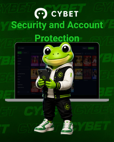 Cybet logo with a frog mascot giving two thumbs up in front of a laptop displaying the casino platform, and the text "Security and Account Protection".
