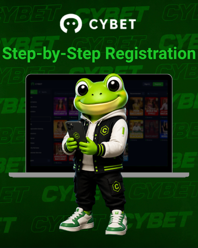 Cybet logo with a frog mascot holding a smartphone, the casino interface visible in the background, and the text "Step-by-Step Registration".