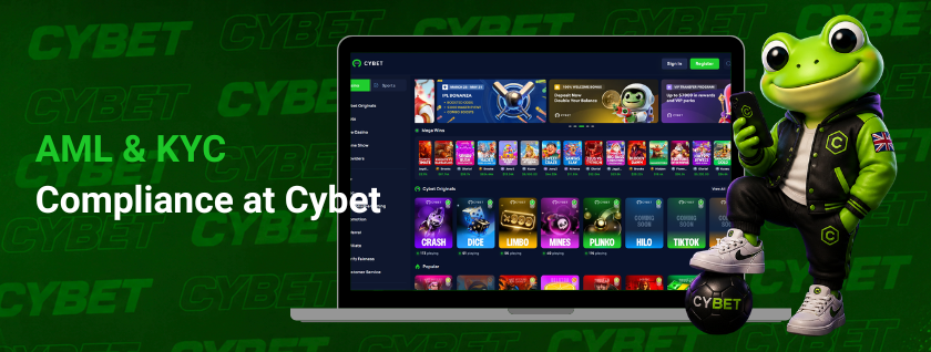 CYBET AML and KYC compliance on laptop with frog mascot