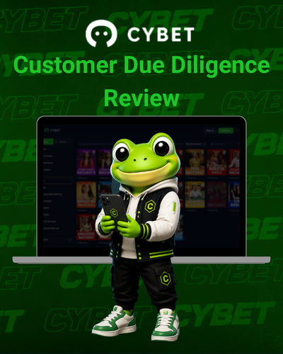 CYBET customer due diligence review on laptop with frog mascot