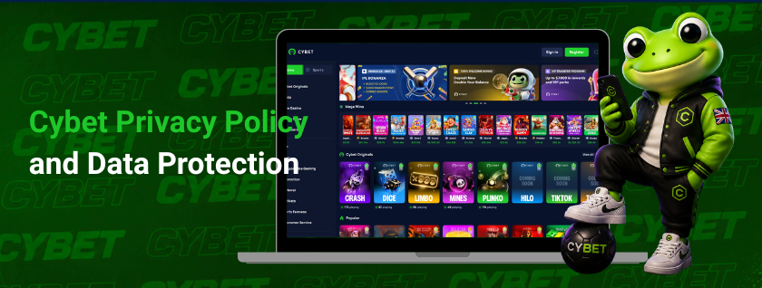 CYBET privacy policy and data protection on laptop with frog mascot