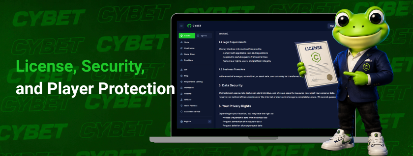 CYBET license, security and player protection on laptop with frog mascot