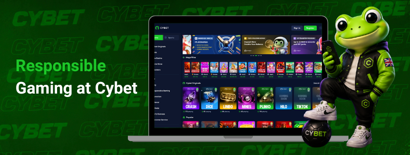 CYBET responsible gaming on laptop with frog mascot