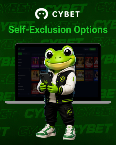 CYBET self-exclusion options on laptop with frog mascot